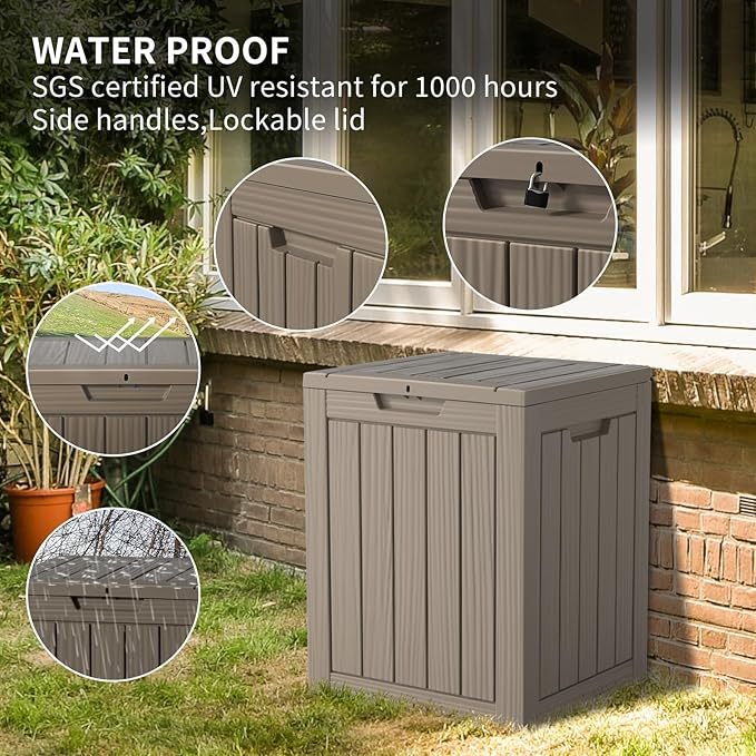 28 Gallon Waterproof Resin Deck Box, Lockable Outdoor Storage Box for Patio Furniture, Garden Tools, UV Resistant, and Multi-Functional (Brown)