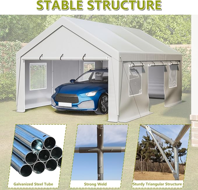 Carport 13x20ft Portable Garage Canopy Heavy Duty Car Port with Mesh Windows and Removable Sidewalls UV Resistant Waterproof All-Season Tarp for SUV, Boat, Truck White
