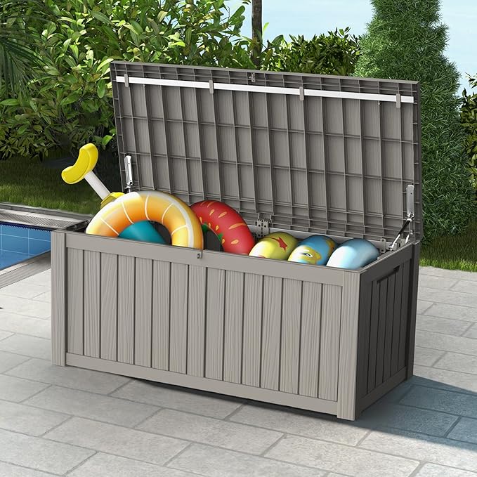 Mars Villa Deck Box, Waterproof and Weatherproof Large Resin Storage Bin with Lockable Lid, Ideal for, Outdoor, Patio Furniture Cushions, Pool Supplies, Garden Tools (119 Gallon, Grey)