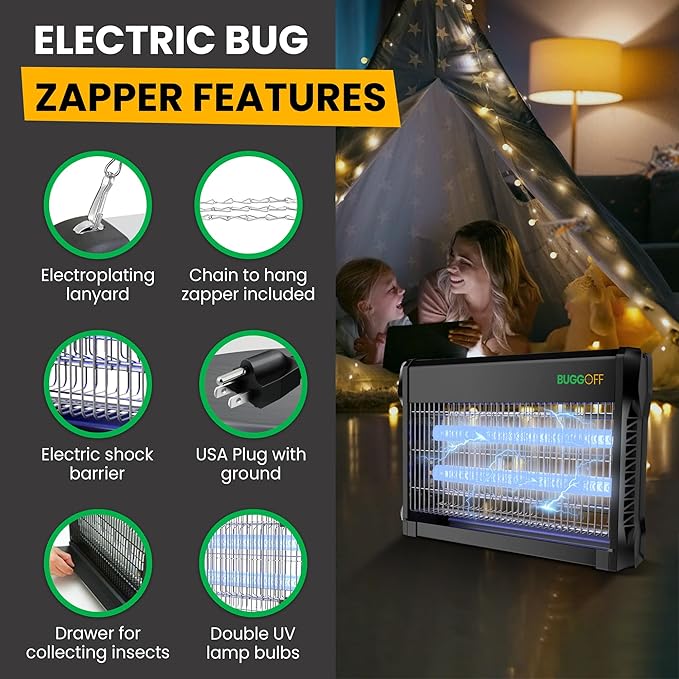 BUGGOFF Indoor Black Modern Electric Bug Zapper, 800 SQFT Coverage, 3500 Volts of Stunning Power, 20 Watts, Kills Mosquitos Gnats, Flys & More. 10 Year Warranty, X2 Free Repalcment Bulbs