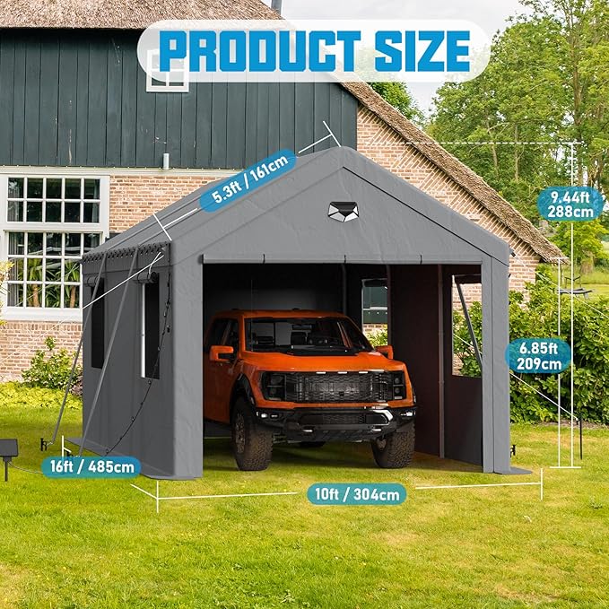 10x16 Carport Canopy, Heavy Duty Car Port, Portable Car Ports Garage with 2 Roll-Up Zipper Drive Through Doors, Grey