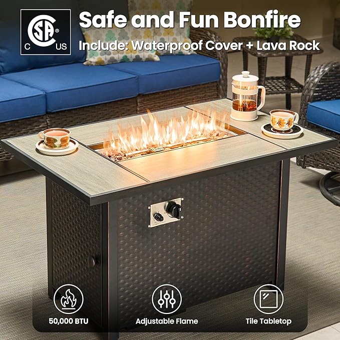 ovios 8 Pieces Patio Furniture Set, Outdoor Wicker Sofa Couch with Swivel Chairs 42" Fire Pit Table, All Weather High Back Modern Conversation Sets, Brown Rattan, Navy Blue