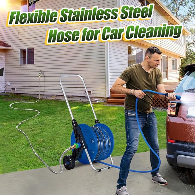 Female to Female Leader Hose for Hoses Reel, 15ft Metal Leakproof Short Garden Hose Connector, Heavy Duty 304 Stainless Steel Flexible Water Pipe for Outdoor Garden Watering Car Pet Cleaning