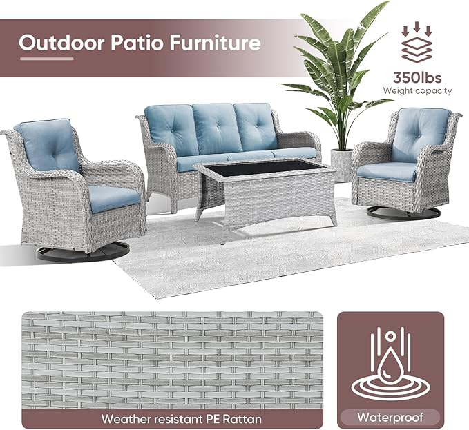 Patio Furniture 4 Piece, All-Weather PE Wicker Outdoor Furniture Set with Coffee Table,Outdoor Patio Furniture with Swivel Rocker Chairs and Outdoor Sofa, White Grey/Blue