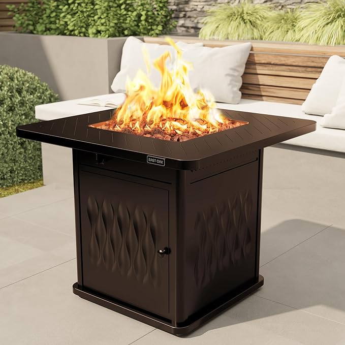 EAST OAK 32" Outdoor Propane Fire Pit Table | 50,000 BTU Gas Fire Pit Table for Outside with Magnetic Lid | Storage Basket & Lava Rocks | CSA Certified for Patio, Garden & Backyard | Brown
