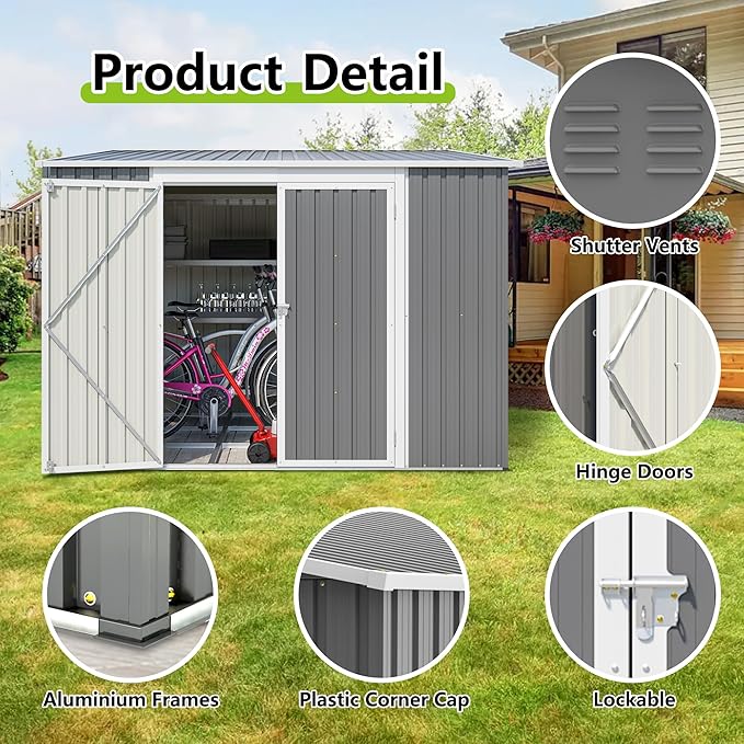 8x6 FT Outdoor Storage Shed with Reversible Door Installation, Heavy Duty Outdoor Shed w/Reinforced Floor Fram and Lockable Door, Garden Tool Storage Cabinet for Backyard Patio Lawn, Gray