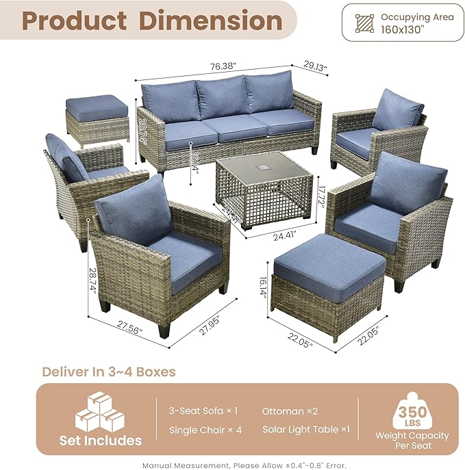 HOOOWOOO Outdoor Patio Furniture Set,8 Pieces Wicker Conversation Set,All Weather Couch Set with Solar Light Table Ottoman Chairs 9 Seaters for Out Door Yard(Denim Blue)