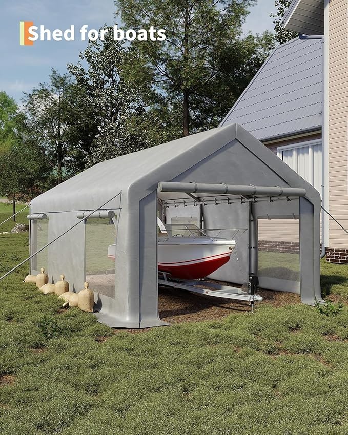 13X20Ft Waterproof Carport Canopy with Roll-Up Mesh Windows & Double Zipper Doors, 200g PE Tarp Cover for Cars, Trucks, SUVs, RVs, Boats & Outdoor Equipment Storage, White