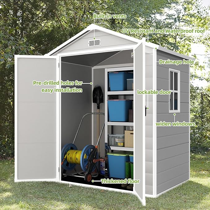 Outdoor Storage Shed 6x4.4FT, Resin Shed Plastic with Floor for Garden Tool,Waterproof Outdoor Resin Storage,Lockable Doors for Patio,Yard,Lawn (LightGray 6x4)