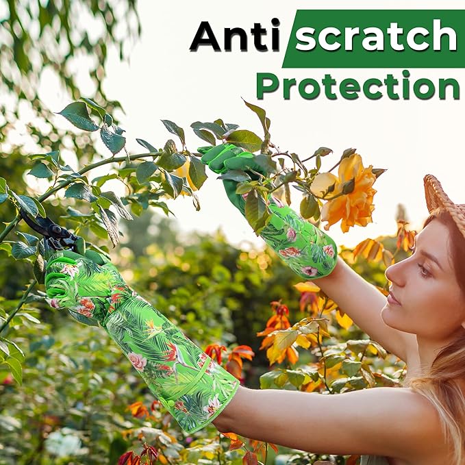 HANDLANDY Women Gardening Gloves, Scratch Resistant Breathable Ladies Rose Pruning Long Gauntlet Floral Print Garden Yard Gloves, Gift for Gardeners (Green, S)
