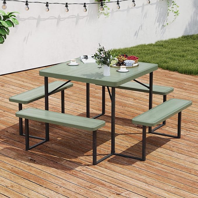 Tangkula 8 Person Picnic Table, HDPE Outdoor Square Table and Bench Set with 4 Built-in Benches, Umbrella Hole, Metal Frame for Garden Yard Patio Lawn