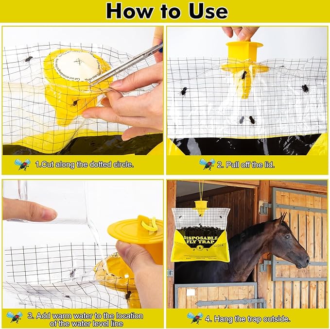 Glovv Fly Traps Outdoor Hanging with Bait, 12 Pack Disposable Flies Bags Hunter Ranch Trap, Control Bug Catcher Killer Repellent for Stable Horse Barn & Farm