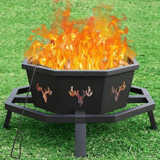 BOINN 35 Inch Octagonal Outdoor Fire Pit,Fire Pits for Outside Wood Burning Fire Pit,Firepit,Firepits for Outside,Camping,Backyard,Patio,Bonfire,Garden,Porch,Black