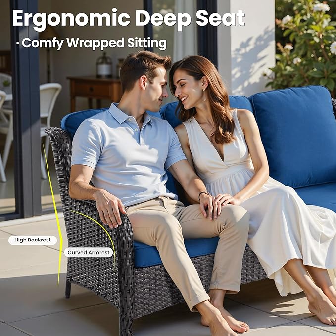ovios 7 Pieces Patio Furniture Set, Outdoor Wicker Sofa Couch with Swivel Chairs 54" Fire Pit Table, All Weather High Back Modern Conversation Sets, Brown Rattan, Navy Blue