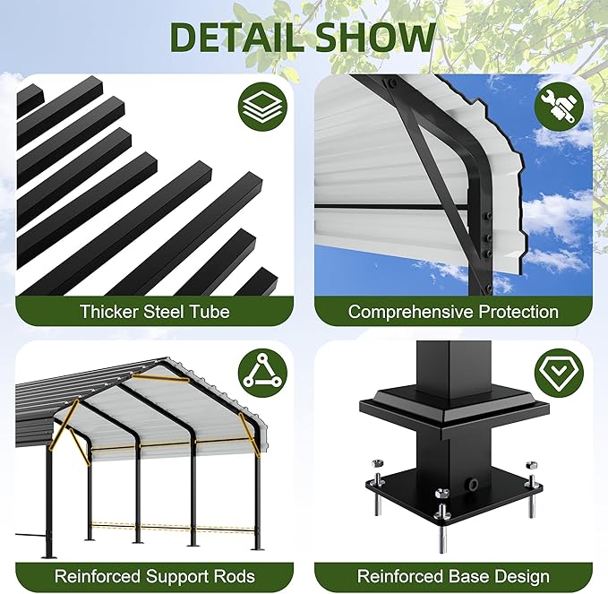 JAMFLY Carport, 12X20 FT Metal Carports, Heavy Duty Carport Canopy with Galvanized Steel Roof and Frame, Metal Car Garage Upgraded Extra Large Garage for Pickup, Boat, Car and Tractors