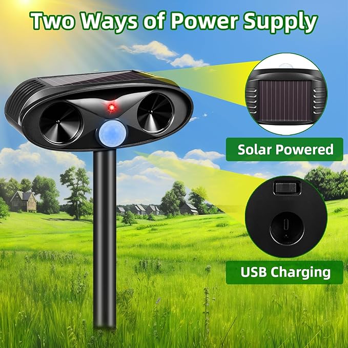 2025 Upgraded Solar Ultrasonic Animal Repellent Outdoor, 4 Pack Deer Repellent Devices USB Charge Animal Deterrent for Cat,Squirrel,Dog,Raccoon,Skunk,Rabbit Repellent for Yard Garden Lawn,Black