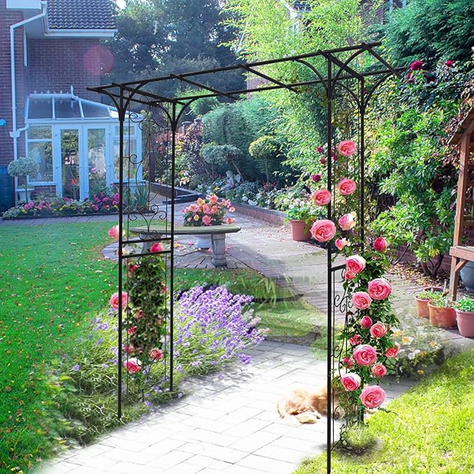 Metal Garden Arch, Garden Arch Trellis for Climbing Plants Outdoor, Garden Arbor for Weddings Party Events Decoration, 80" L X 20.5" W X 81" H, Black