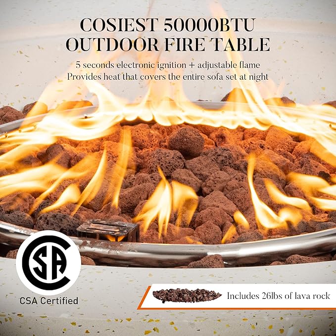 COSIEST 35" Outdoor Propane Fire Pit Table Square Gas Fire Pit Table with Concrete & Wood Grain Design, 50000BTU CSA Certified Electronic Ignition Fire Tables for Patio, Backyard, Garden Heating