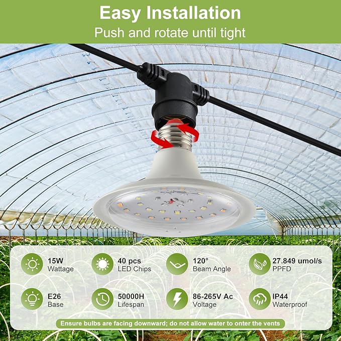 Outdoor Grow Lights for Plants, Full Spectrum Greenhouse Grow Light, UL Certified Daisy-Chain String Grow Lights, IP44 Waterproof, 42FT Adjustable Cord, for Vegetables, Seedlings, Flowers (12 Lights)