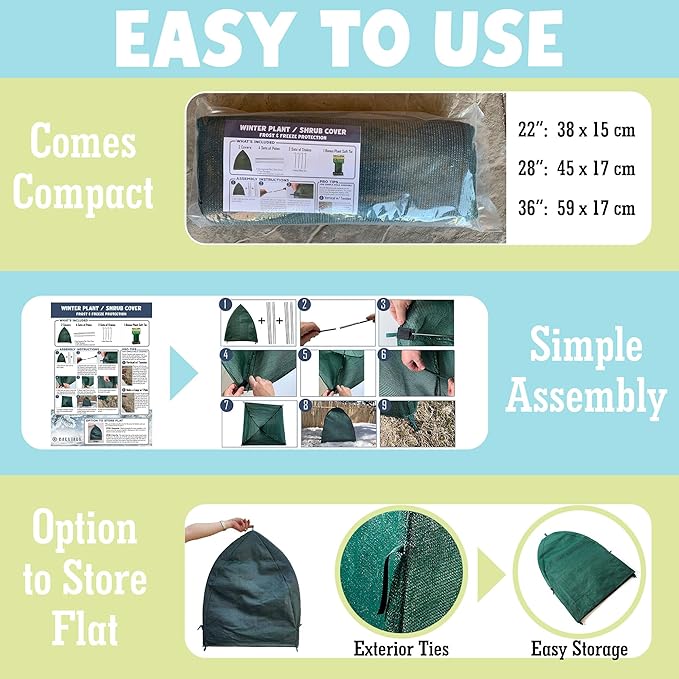 Winter Plant Cover Freeze Protection Tents 2 Pack-Protect Shrubs from Snow, Frost, Animals, Freezing Temperatures - Complete with Soft Garden Ties (36" x 36" x 40", 2 Pack, green with stakes)