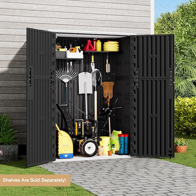 KINYING Outdoor Storage Cabinet Waterproof, 57 Cu.ft Resin Vertical Outdoor Storage Shed for Patio Furniture, Garden Tools, Pool Accessories, Mower Storage (Black)