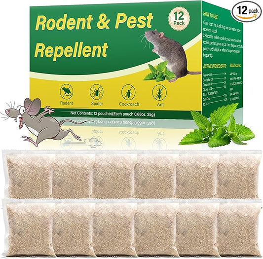 Rodent Repellent, 12 Pack Natural Mouse Repellent Pouches - Peppermint Oil to Repel Rodents Rats Squirrel, Outdoor Indoor Mice Repellent for House Garage Basement RV Car