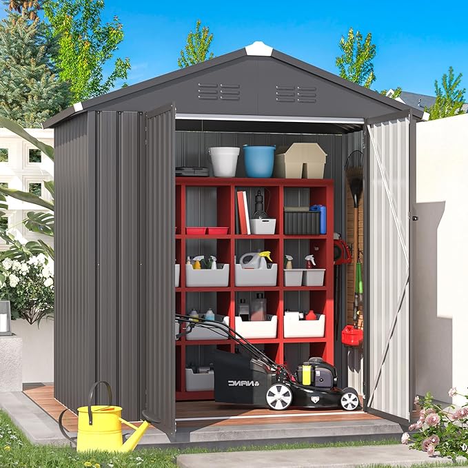 AECOJOY Shed 6' x 4' Storage Shed, Dark Grey Metal Sheds & Outdoor Storage Clearance, Utility and Tool Garden Shed with Lockable Doors for Backyard, Patio, Outside Use