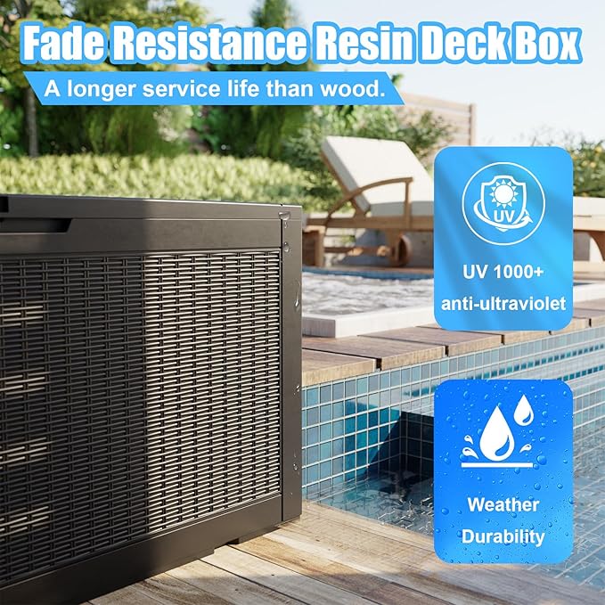 100 Gallon Waterproof Large Resin Deck Box, Lockable Storage Container for Patio Cushions, Garden Tools, Indoor & Outdoor (Black)