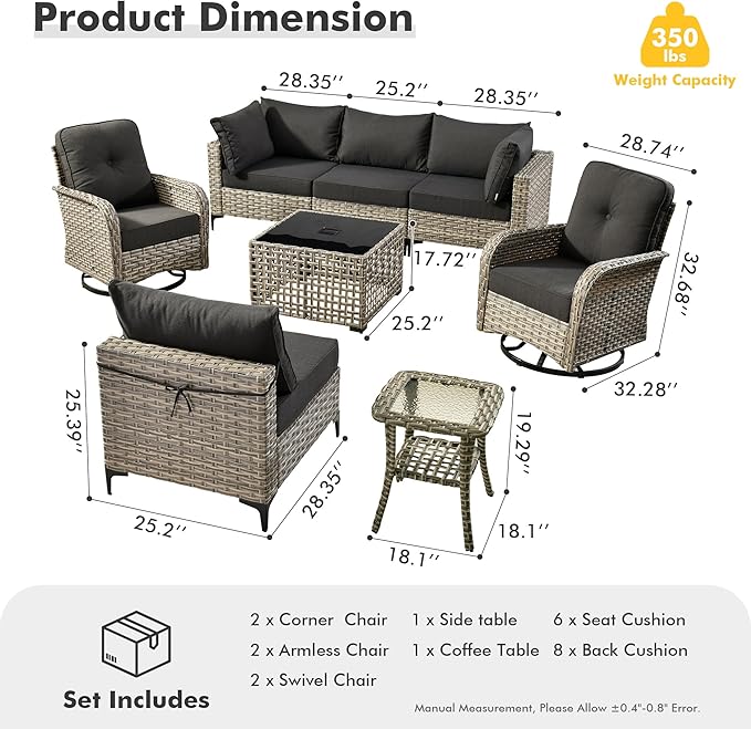 HOOOWOOO Outdoor Patio Furniture Set,8 Pieces Wicker Out Door Sectional Furniture L Shaped Couch,Patio Conversation Sets with Swivel Rocking Chair LED Table,Denim Blue