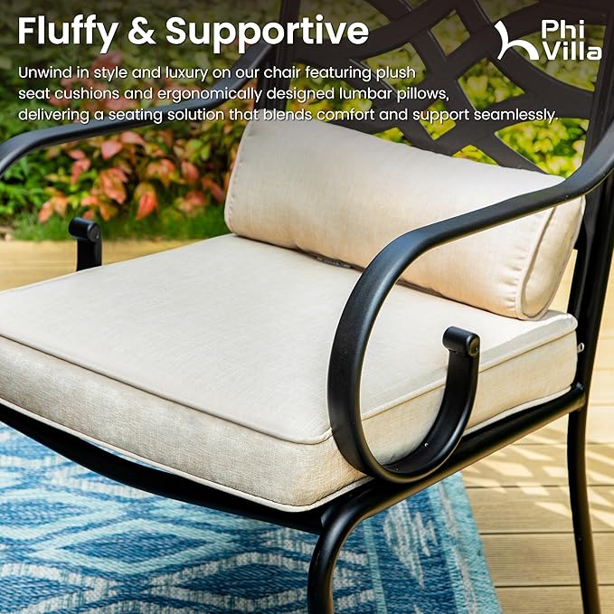PHI VILLA 5 Pcs Patio Dining Set,Outdoor Table Chair Set for 4 with Outdoor Chairs and Metal Frame Steel Round Table,Outdoor Dining Furniture with Cushion and Pillow for Garden Lawn Deck