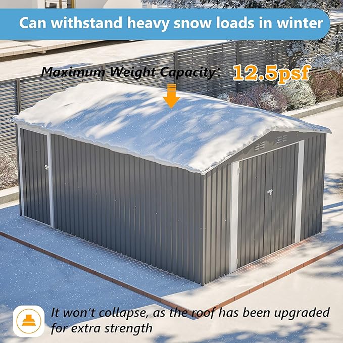 14x10 FT Outdoor Storage Shed,Metal Shed W/ 3 Lockable Doors，Floor Frame & Side Door,Garden Tool House W/ 4 Air Vents & Sloped Roof,for Backyard Patio Lawn,Light Gray