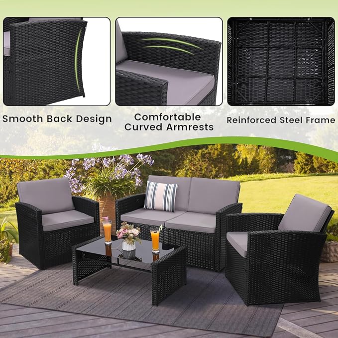 4 Pieces Patio Conversation Set, Outside Rattan Sectional Sofa, Cushioned Furniture Set, Wicker Sofa Ideal for Garden, Porch, Backyard, Black Color Rattan and Light Grey Cushion