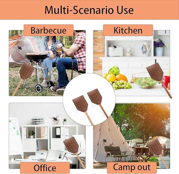 Leather Fly Swatter - Heavy Duty Manual Fly Swatter with Wood Handle, Durable Leather Fly Swatter for Indoor and Outdoor Use (Brown)