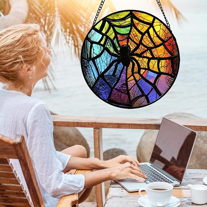 Stained Glass Suncatcher, Colorful Spider Sun Catcher Black Insect Stain Glass Window Hanging Decoration Mother's Day Birthday Gifts for Women Men Mom Nana 15 in