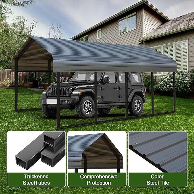 20x20 FT Black Carport Canopy Heavy Duty RV Metal Carports Kits for Garage,Aluminum Car Ports with Steel Shelter Frame Cover for 2 Car or Boats