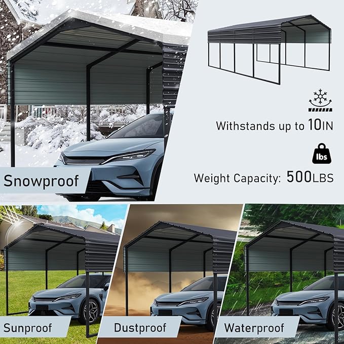 KEIKI 12x20 FT Steel Metal Outdoor Carport with Peaked Roof,Heavy Duty Vehicle Shed Canopy for Car,Truck and Boats