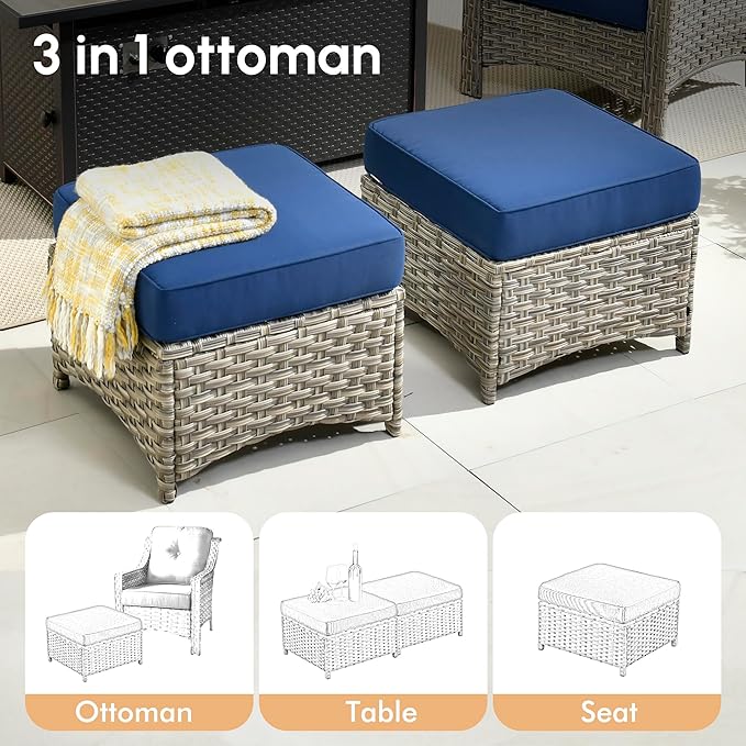 8 Pieces Patio Outdoor Furniture Set with Swivel Rocking Chairs,All Weather Wicker Rattan Patio Seating Sofa and Chair Set w/Ottoman,Outdoor Conversation Sets for Deck Yard Garden,Navy Blue
