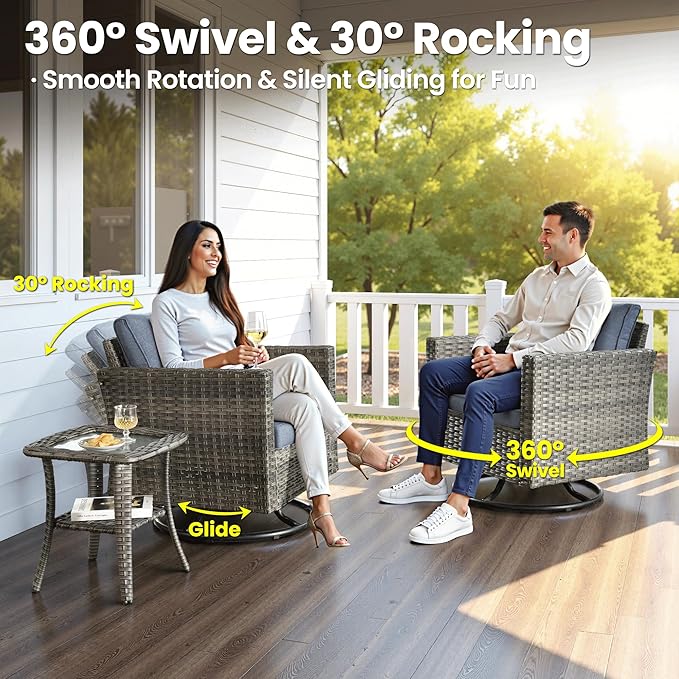 ovios 8 Pieces Patio Furniture Set with Swivel Chairs Rocking Gliders, Outdoor Sofa Couch with Solar Lights Table Comfy Cushions, Modern Deep Seat Wicker Rattan Conversation Set, Denim Blue