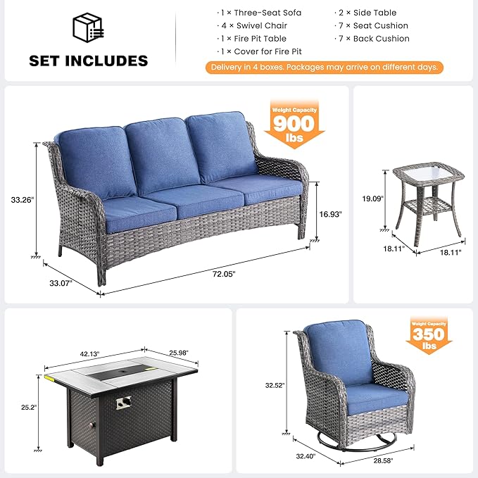ovios 8 Pieces Patio Furniture Set, Outdoor Wicker Sofa Couch with Swivel Chairs 42" Fire Pit Table, All Weather High Back Modern Conversation Sets, Grey Rattan, Denim Blue