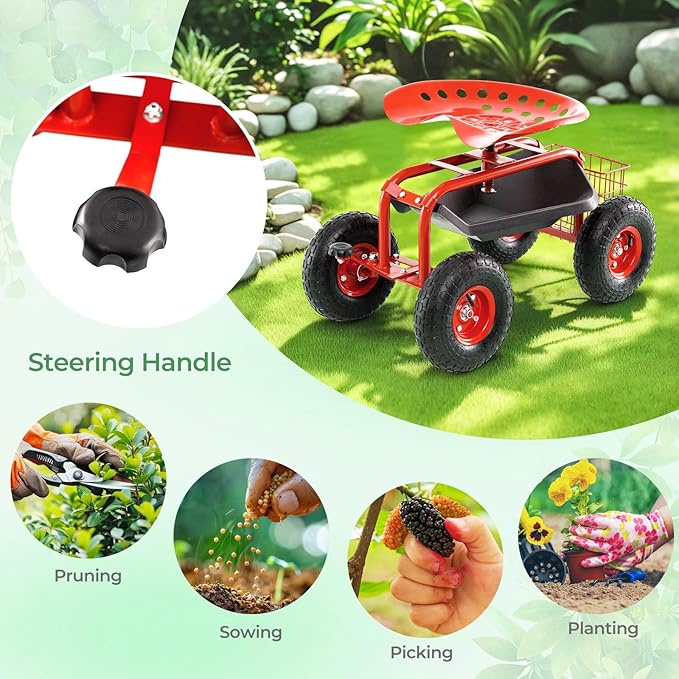 S AFSTAR Rolling Garden Cart, Wagon Scooter with 360° Swivel Seat, Storage Tray, Basket & Rubber Wheels, Heavy-Duty Gardening Tool Cart for Weeding, Patio & Yard (Red)