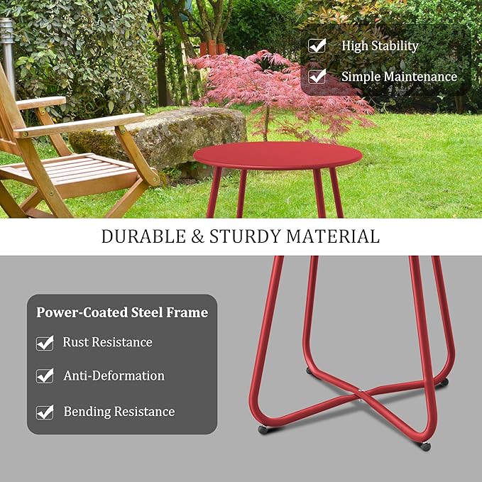 Dark Red Patio Side Table, 18" Weatherproof Steel Outdoor Indoor Side Table for Garden, Balcony, Pool & Tailgate, Rust-Resistant Lightweight Portable Patio End Table