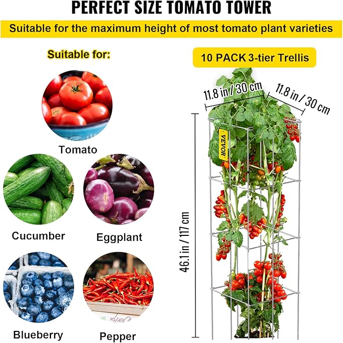 VEVOR Tomato Cages, 11.8" x 11.8" x 46.1", 10 Packs Square Plant Support Cages, Silver PVC-Coated Steel Tomato Towers for Climbing Vegetables, Plants, Flowers, Fruits