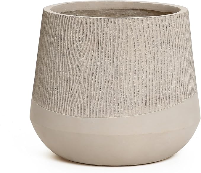 LuxenHome 17" Dia Concrete Round Planter, Large Outdoor Indoor Plant Pot with Drainage Hole and Rubber Plug, Flower Pot for Plants, Blended Tan with Wood Pattern Planter for Home Garden Patio
