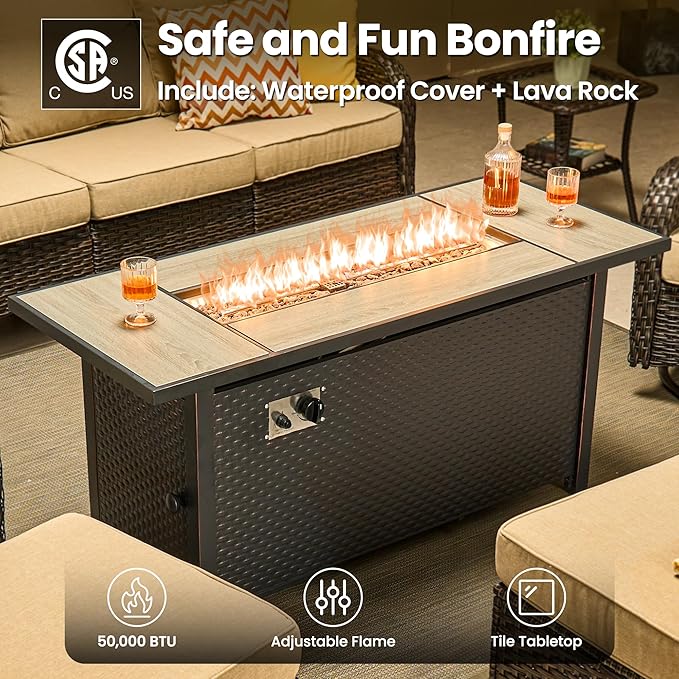 ovios 7 Pieces Patio Furniture Set, Outdoor Wicker Sofa Couch with Swivel Chairs 54" Fire Pit Table, All Weather High Back Modern Conversation Sets, Brown Rattan, Beige