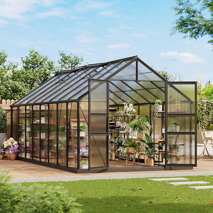 Greenhouses, 8×16 FT Greenhouse, Easy Assembly Aluminum Polycarbonate Greenhouses for Outdoors with Roof Vent, Large Aluminum Walk-in Greenhouse for Patio, Backyard, Garden, Lockable Hinged Door