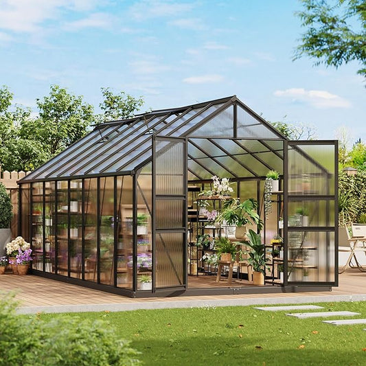 Greenhouses, 8×16 FT Greenhouse, Easy Assembly Aluminum Polycarbonate Greenhouses for Outdoors with Roof Vent, Large Aluminum Walk-in Greenhouse for Patio, Backyard, Garden, Lockable Hinged Door