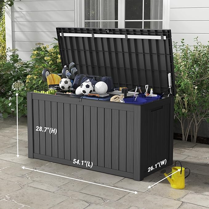 Mars Villa Deck Box, Waterproof and Weatherproof Large Resin Storage Bin with Lockable Lid, Ideal for, Outdoor, Patio Furniture Cushions, Pool Supplies, Garden Tools (150 Gallon, Black)