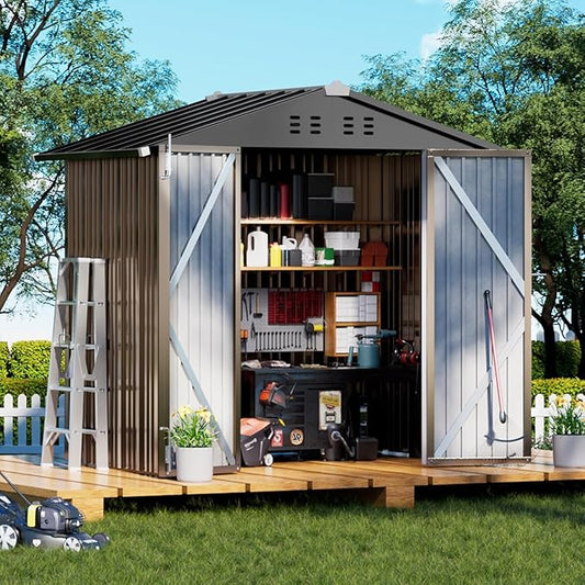 COMHOMA Shed Outdoor Storage Shed Metal,Lockable Doors Tool Sheds with Sloping Roof,Steel Garden Shed with Air Vent for Backyard,Patio,Lawn,Poolside (Brown, 6'*4')