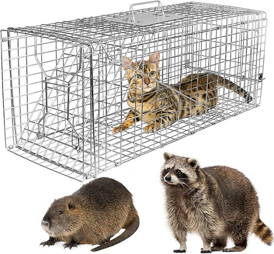 iMounTEK Humane Live Animal TrapLarge Humane Cat Trap Catch Release Animal Rodent Cage Collapsible Galvanized Wire for Small Raccoons Beavers Groundhogs Foxes Armadillos