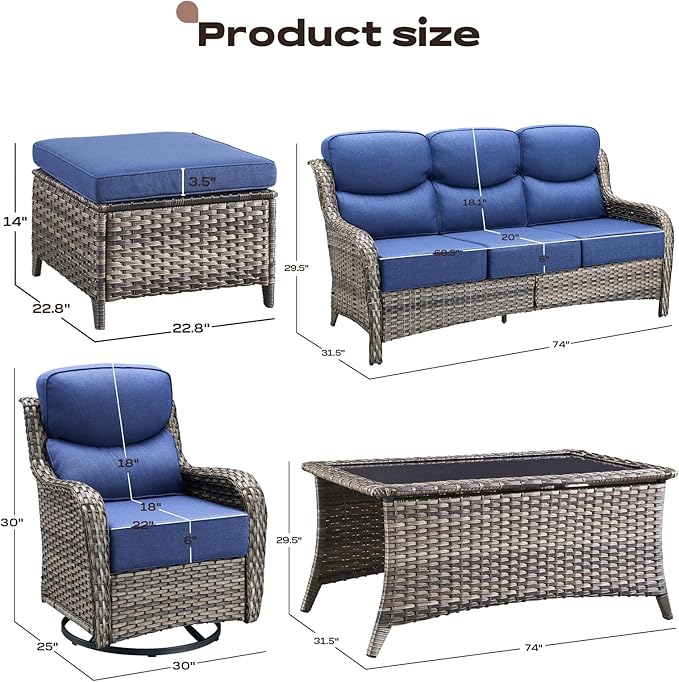 Wicker Outdoor Patio Furniture Set - 6 Piece Patio Conversation Sets with Swivel Rocker Chairs, Ottomans, Sofa and Coffee Table, 6 inch Cushions, Deep Seating, for Porch Deck Mixed Grey/Blue